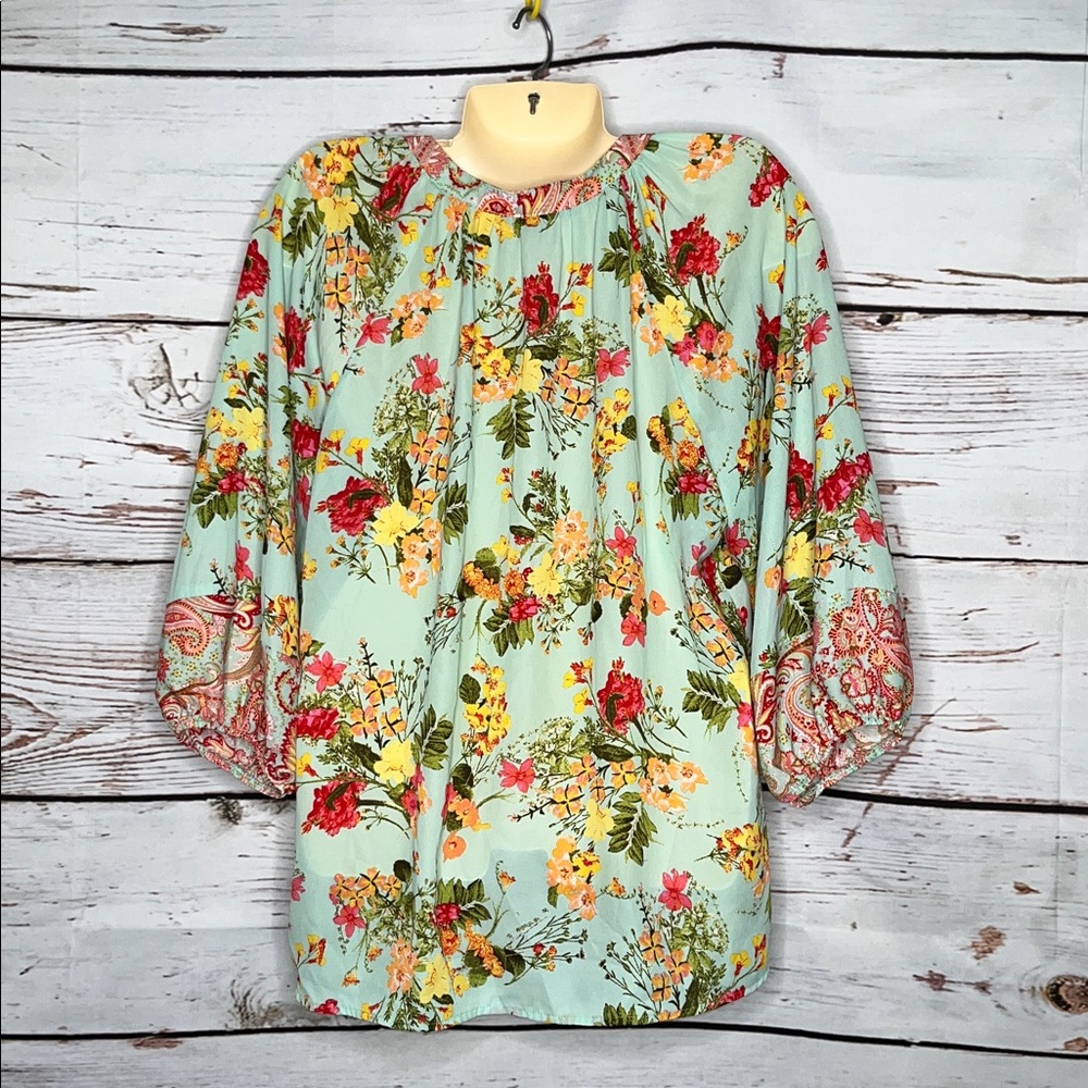 Fig & Flower Size XL Floral Paisley Print Peasant Blouse Top - Picture 3 of 4